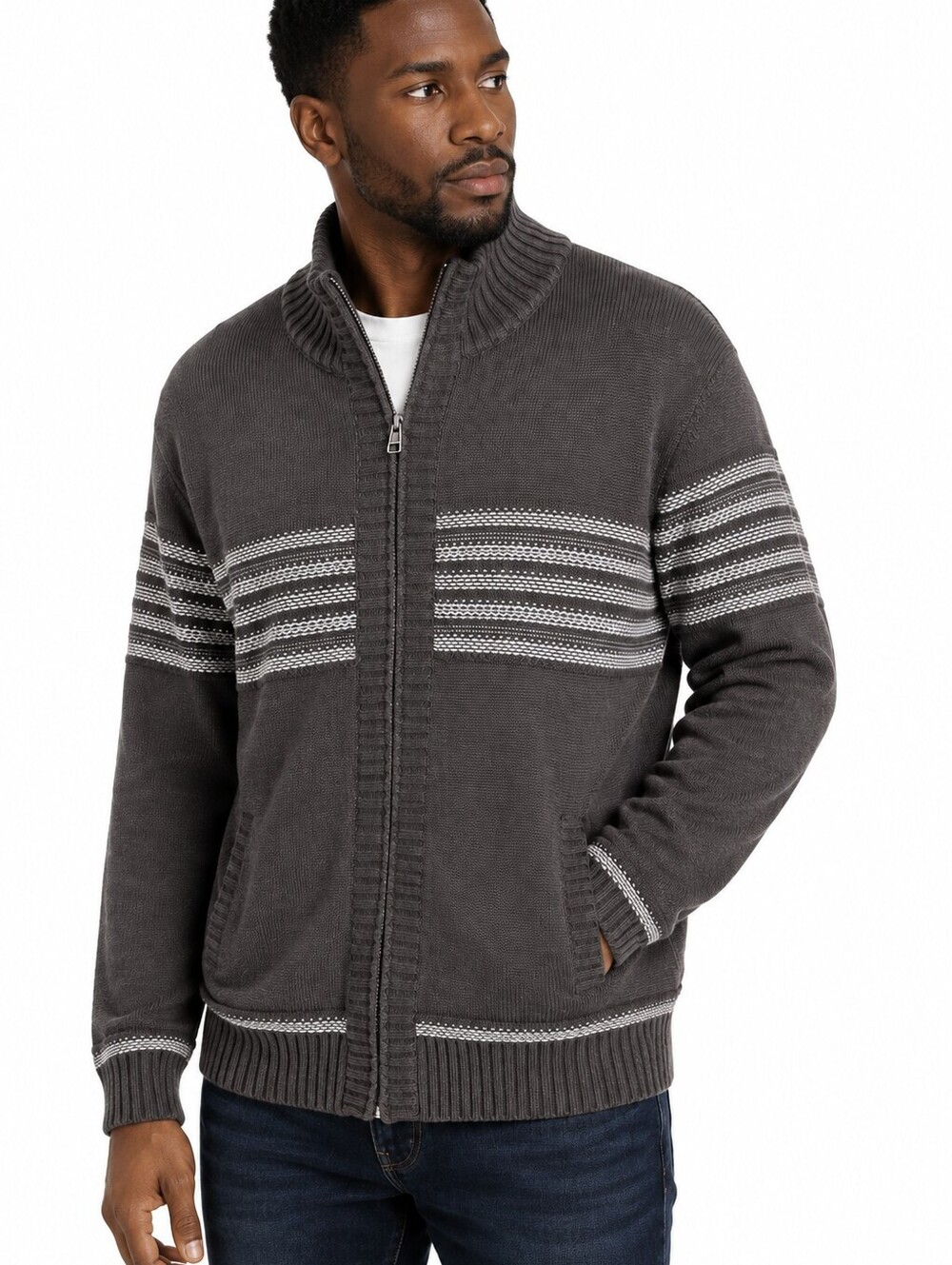 Emanuel Ungaro Men's Full Zip Knit Sweater Jacket Gray Stripe Sherpa Lined- L